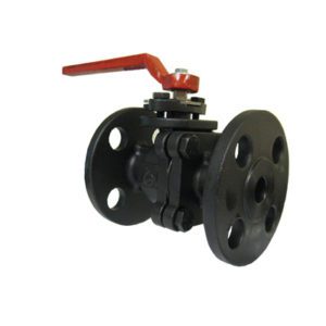 Lance Valves two-piece carbon steel flanged ball valve with red lever handle and bolt-hole flanged end connections.