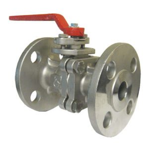 Lance Valves two-piece stainless steel flanged ball valve with red lever handle and four-bolt flange end connections.