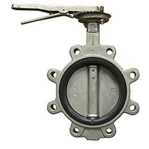 Lance Valves lug-style butterfly valve with 316 stainless steel body, lever handle, and rubber-lined disc seat