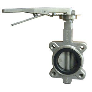 Lance Valves wafer butterfly valve with 316 stainless steel body, disc, and stem, featuring a lever handle operator.