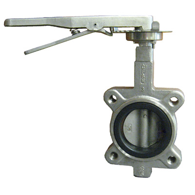 Lance Valves wafer butterfly valve with 316 stainless steel body, disc, and stem, featuring a lever handle operator.