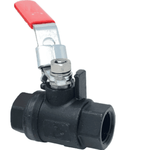 Lance Valves fire safe two-piece full port carbon steel ball valve with red lever handle and threaded NPT end connections