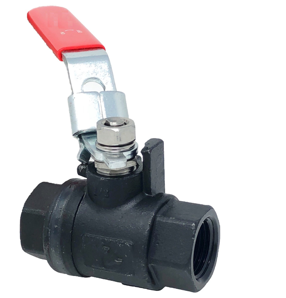 Lance Valves fire safe two-piece full port carbon steel ball valve with red lever handle and threaded NPT end connections