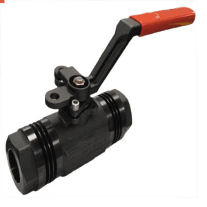 Lance Valves three-piece forged carbon steel ball valve with red lever handle and threaded end connections