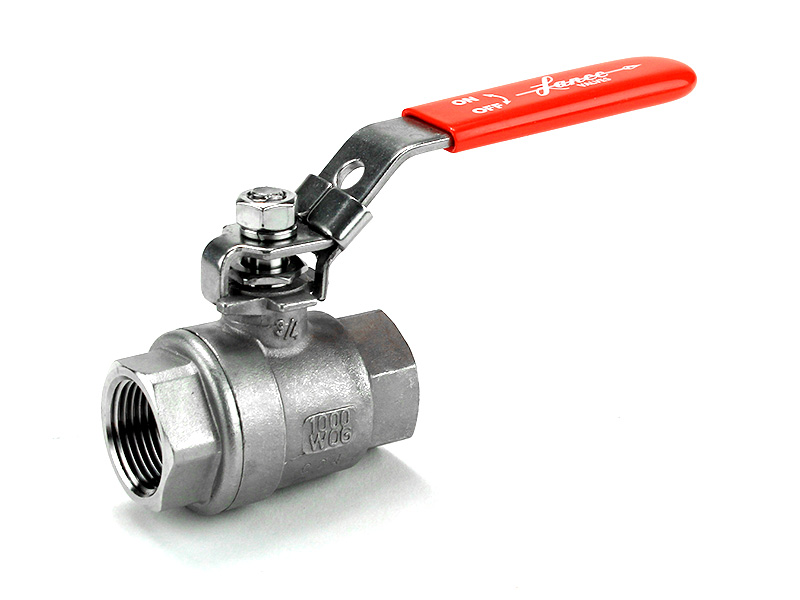 Lance Valves stainless steel two-piece ball valve with red lever handle and threaded NPT ends, rated 1000 WOG