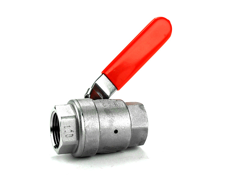 Stainless steel ball valve with red lever handle and female NPT threaded end connections for industrial use