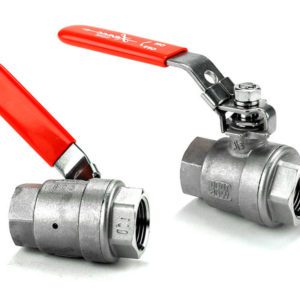 Two stainless steel industrial ball valves with red lever handles and threaded end connections, from Lance Valves