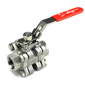 Lance Valves three-piece stainless steel ball valve with red lever handle and threaded ends, 2000 WOG rated.