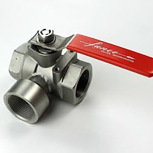 Lance Valves stainless steel 3-way L-style ball valve with threaded ends, red lever handle, and 2000 PSI rating