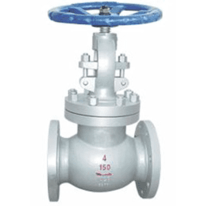 Lance Valves cast steel globe valve, Class 150 flanged ends, 4-inch body with blue handwheel operator