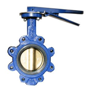 Lance Valves lug-style butterfly valve with blue ductile iron body, brass disc, and lever handle for industrial flow control.