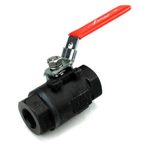 Lance Valves two-piece carbon steel ball valve with threaded ends and red lever handle for industrial applications