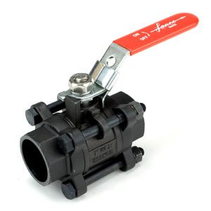 Lance Valves three-piece full port carbon steel ball valve with red lever handle and socket weld end connections.