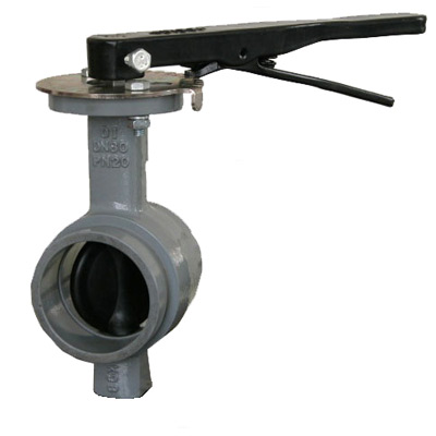 Lance Valves grooved end butterfly valve with cast iron body, black rubber seat, and manual lever handle rated 200 PSI