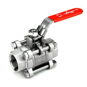 Lance Valves three-piece full port stainless steel ball valve with red lever handle and threaded ends, 1000 WOG rated