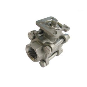 Lance Valves three-piece full port stainless steel ball valve with threaded ends, ISO mounting pad, and bolted body sections.