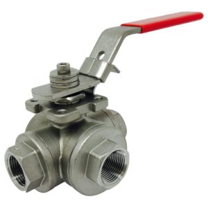 Lance Valves stainless steel 3-way T-style ball valve with threaded NPT ends, ISO mounting pad, and red lever handle