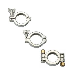 Lance Valves stainless steel sanitary tri-clamp fittings in wing nut, single bolt, and double bolt styles.