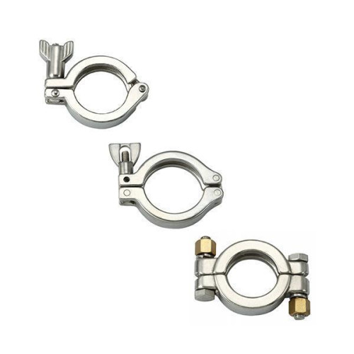 Lance Valves stainless steel sanitary tri-clamp fittings in wing nut, single bolt, and double bolt styles.