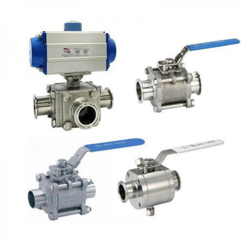 Lance Valves stainless steel sanitary ball valves with tri-clamp ends, lever handles, and pneumatic actuator options